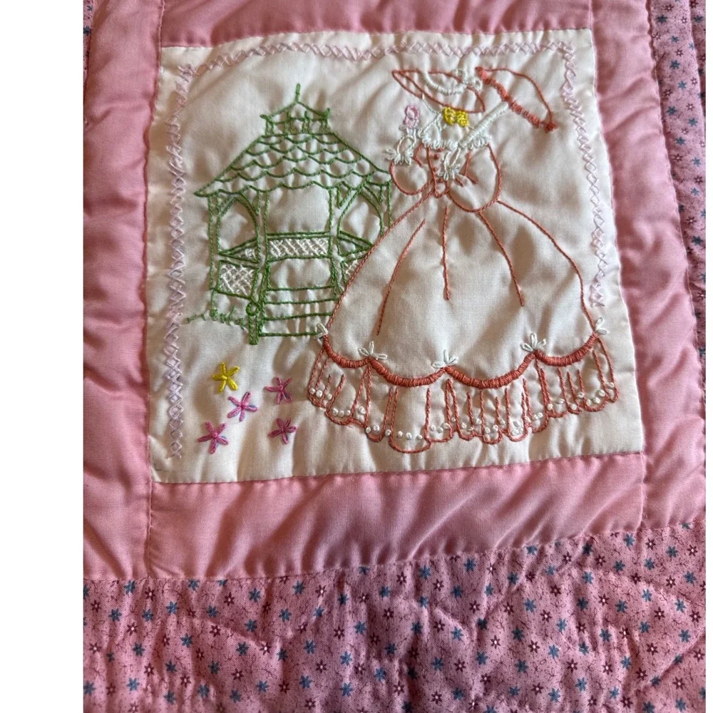Vintage Pristine Handmade Baby Crib Quilt, Pink Embroidered Nursery Heirloom